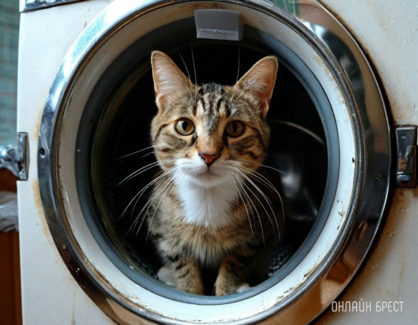 Кот чудом выжил после полного цикла стирки в машинке